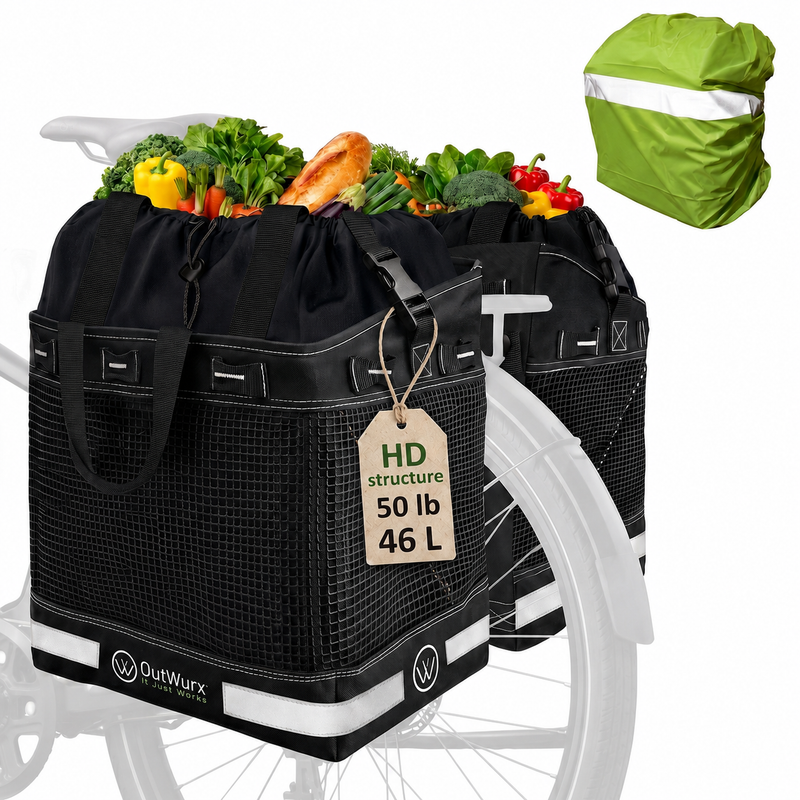 Grocery Pannier for Bicycle or Ebike 2-Pack - with Rain Cover (46 Liter)