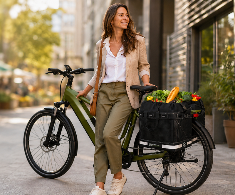 Cyclist with loaded pannier