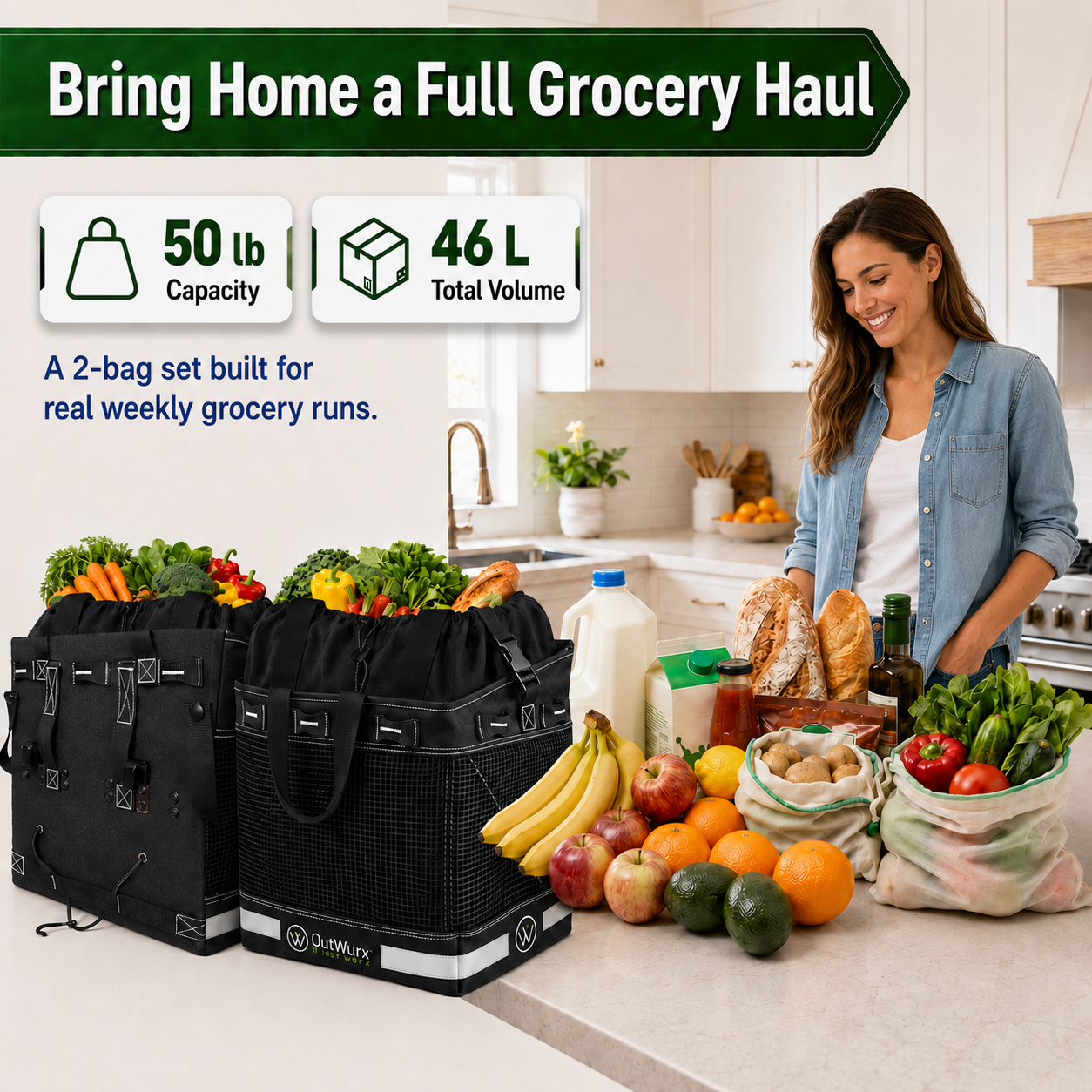 Grocery Pannier for Bicycle or Ebike 2-Pack  (46 Liter)