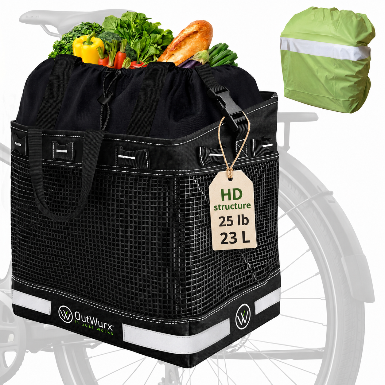 OutWurx single grocery pannier loaded with produce on a bike rack, shown with the included reflective rain cover, HD structure rated 25 pounds and 23 liters