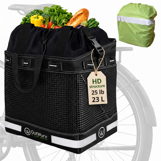OutWurx single grocery pannier loaded with produce on a bike rack, shown with the included reflective rain cover, HD structure rated 25 pounds and 23 liters