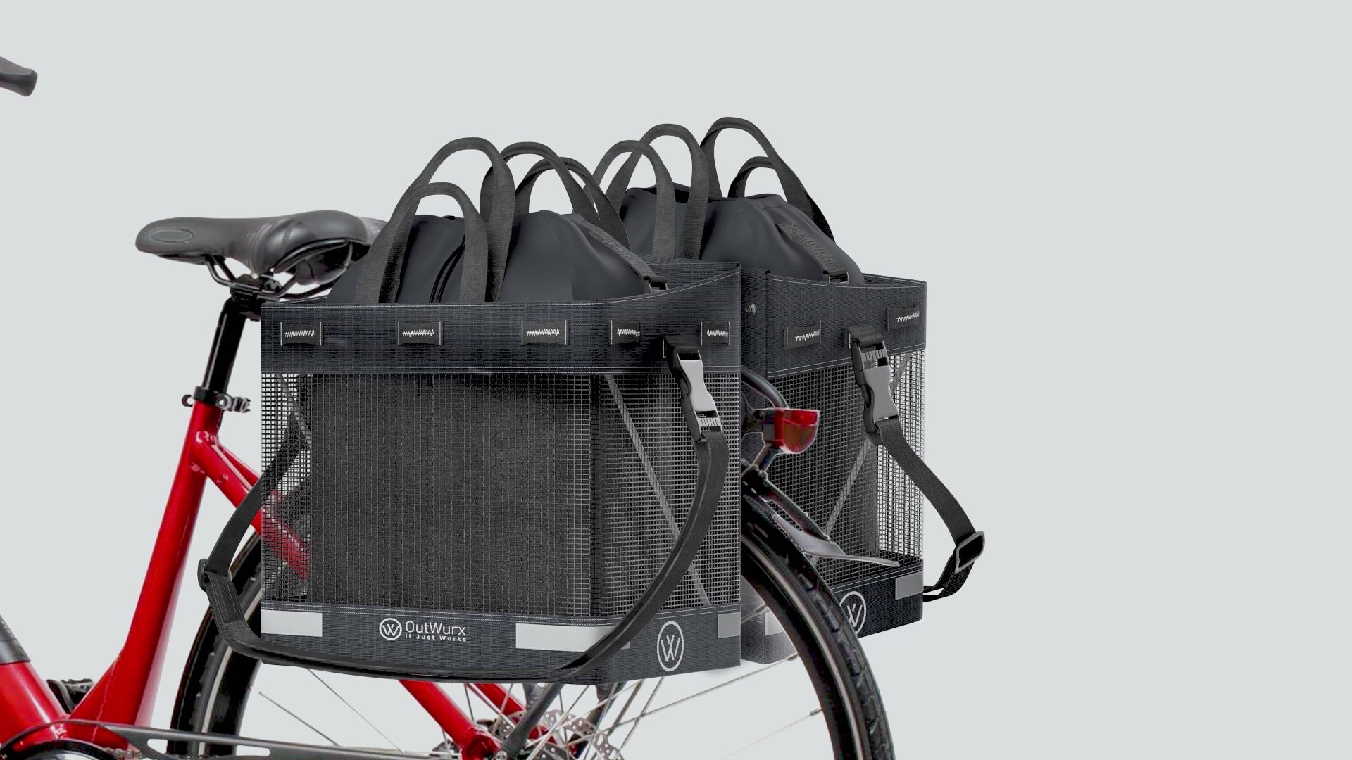 Load video: folding lockable grocery pannier bag basket for bike or ebike with rubberised hooks handles and detachable shoulder straps and inner snap and go tote bag